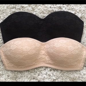 Victoria’s Secret Pink Bandeau Strapless Bras. Size small. One beige. One black